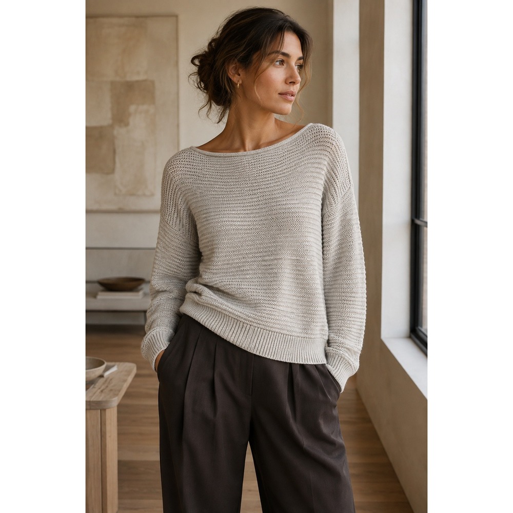 Theory Textured Rib Knit Boat Neck Drop Shoulder Pullover Sweater Gray P